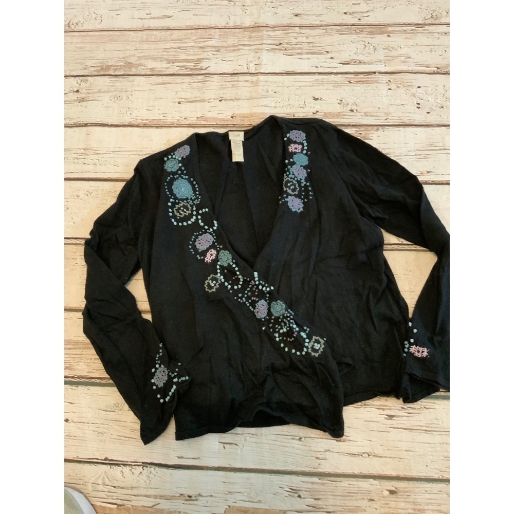 J. Jill Vintage Y2K Boho Black Embroidered Floral Wrap Cardigan Sweater Medium